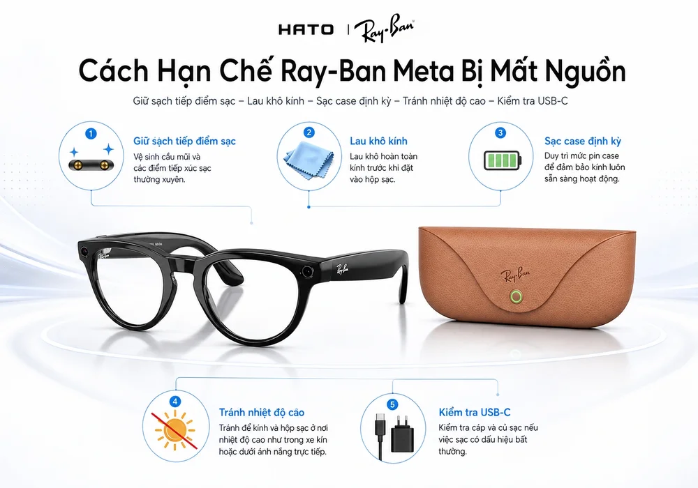 Cách hạn chế Ray-Ban Meta bị mất nguồn bằng cách giữ sạch tiếp điểm sạc, lau khô kính, sạc case định kỳ và kiểm tra cáp USB-C.