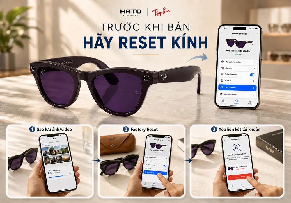 Hướng dẫn sao lưu dữ liệu và factory reset Ray-Ban Meta trước khi bán hoặc chuyển cho người dùng khác.