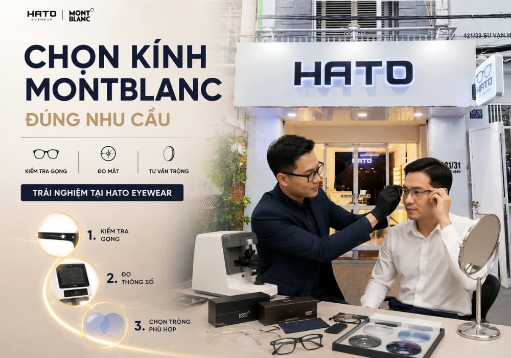 Chuyên viên Hato Eyewear kiểm tra gọng, đo thông số và tư vấn tròng kính Montblanc cho khách hàng tại showroom.