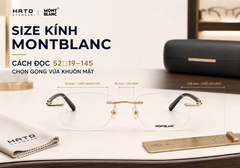 Infographic size kính Montblanc hướng dẫn cách đọc thông số 52□19–145, gồm chiều ngang mắt kính, cầu kính và chiều dài càng kính.