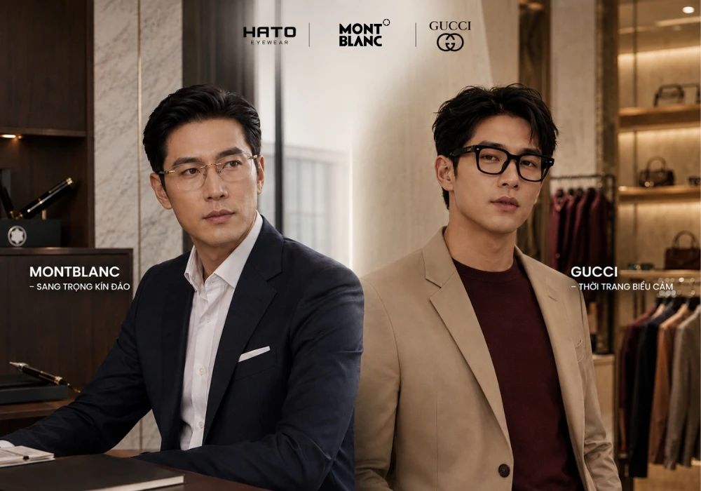 So sánh phong cách kính Montblanc sang trọng kín đáo và kính Gucci thời trang biểu cảm tại Hato Eyewear. Chú thích ảnh:
