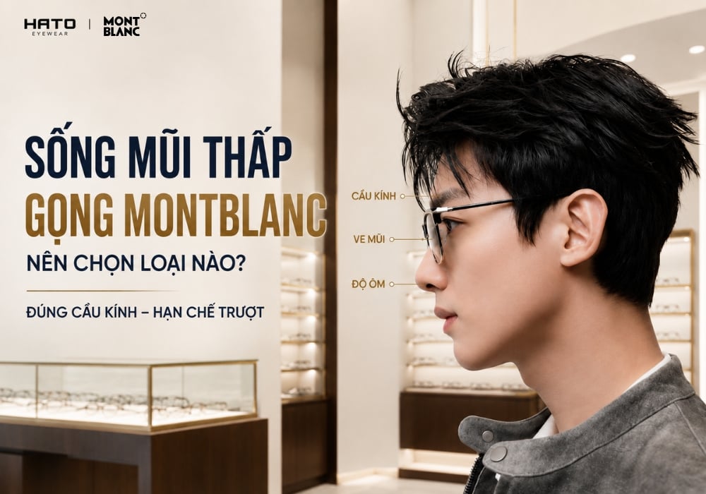 Sống mũi thấp nên chọn gọng Montblanc có cầu kính và ve mũi điều chỉnh để hạn chế trượt kính
