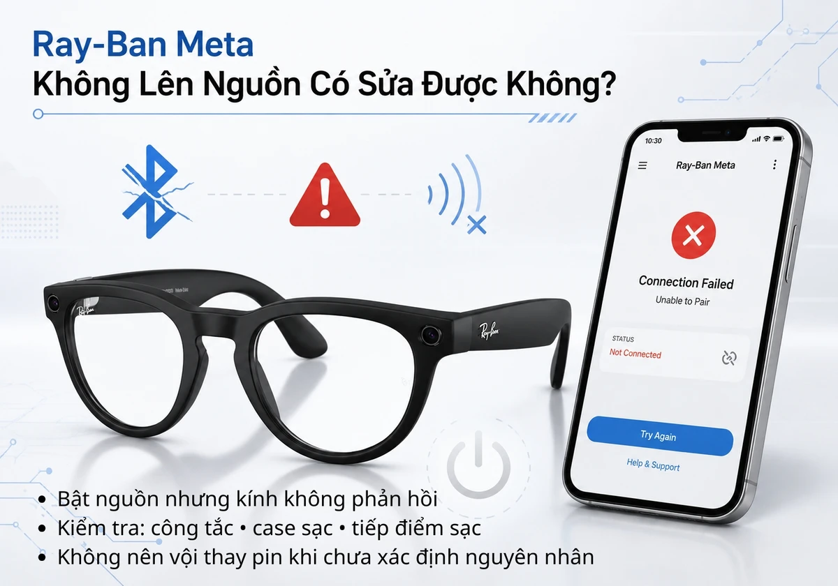 Ảnh minh họa kính Ray-Ban Meta không lên nguồn, không phản hồi khi bật công tắc và gặp lỗi kết nối khi sử dụng