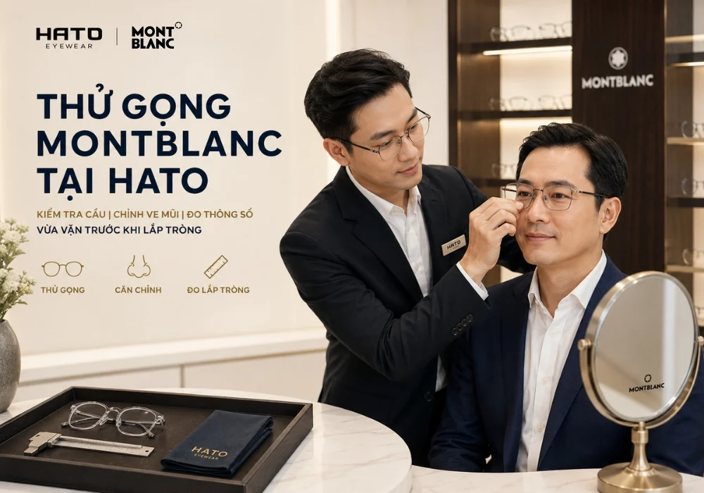 Thử gọng Montblanc tại Hato với kiểm tra cầu kính, chỉnh ve mũi và đo thông số trước khi lắp tròng