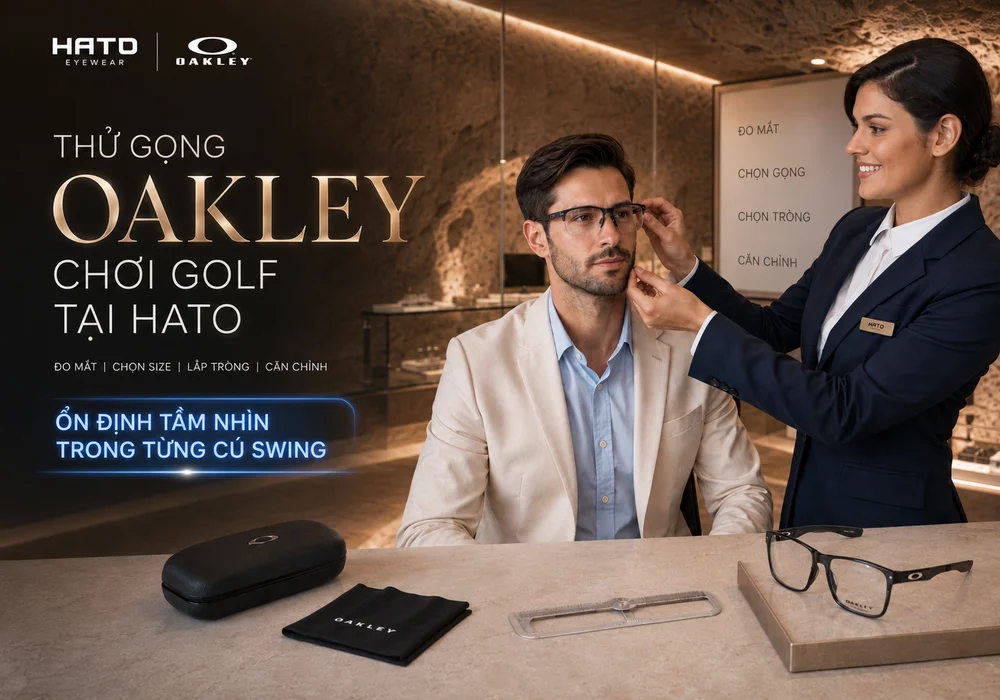 Thử gọng Oakley chơi golf tại Hato Eyewear với quy trình đo mắt, chọn size, lắp tròng và căn chỉnh chuyên nghiệp.
