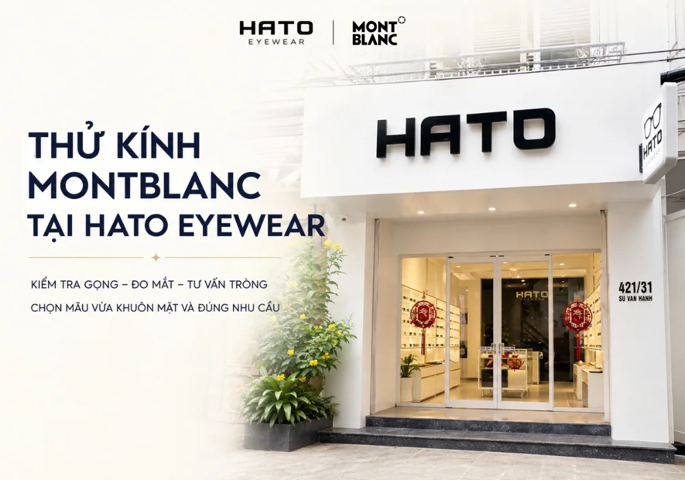 Mặt tiền showroom Hato Eyewear với banner CTA thử kính Montblanc, kiểm tra gọng, đo mắt và tư vấn tròng trong không gian cao cấp.