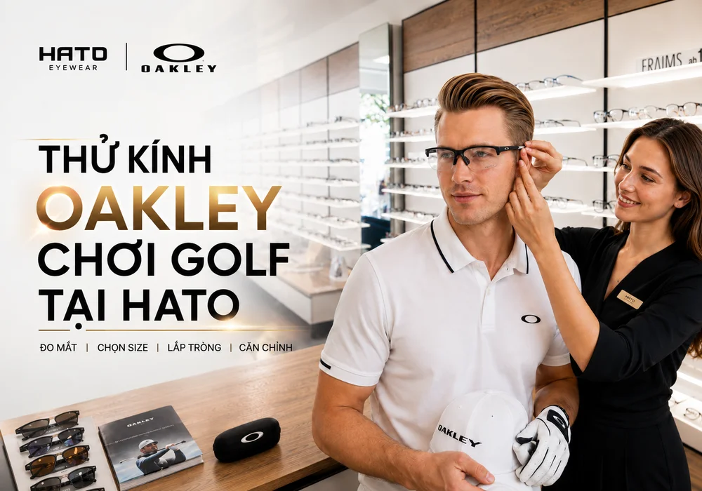 Khách hàng thử kính Oakley chơi golf tại showroom Hato Eyewear, được chuyên viên đo mắt, chọn size, lắp tròng và căn chỉnh gọng.