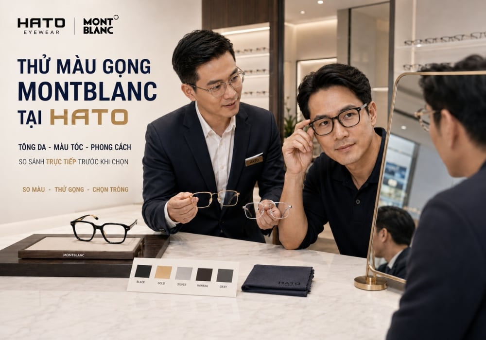 Khách hàng thử gọng Montblanc tại showroom Hato Eyewear cùng chuyên viên tư vấn, so sánh màu gọng theo tông da, màu tóc và phong cách.