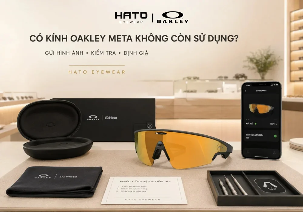 Ảnh CTA cuối bài giới thiệu dịch vụ kiểm tra và thu mua kính thông minh Oakley Meta tại Hato Eyewear.