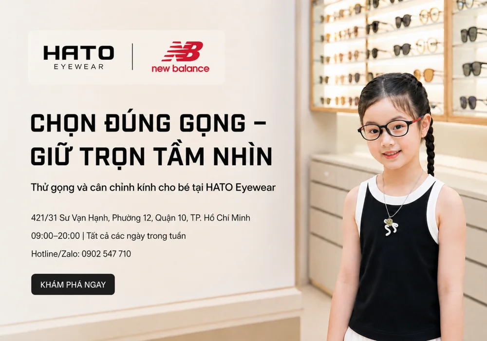 Tư vấn và cân chỉnh kính trẻ em New Balance tại HATO Eyewear.
