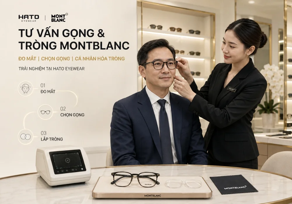 Chuyên viên Hato Eyewear tư vấn gọng và tròng Montblanc cho khách hàng doanh nhân trong showroom kính mắt cao cấp.