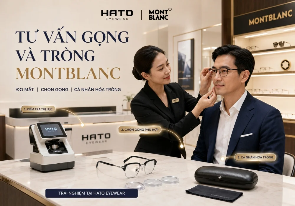 Chuyên viên Hato Eyewear tư vấn gọng và tròng Montblanc cho khách hàng doanh nhân trong showroom kính mắt cao cấp.