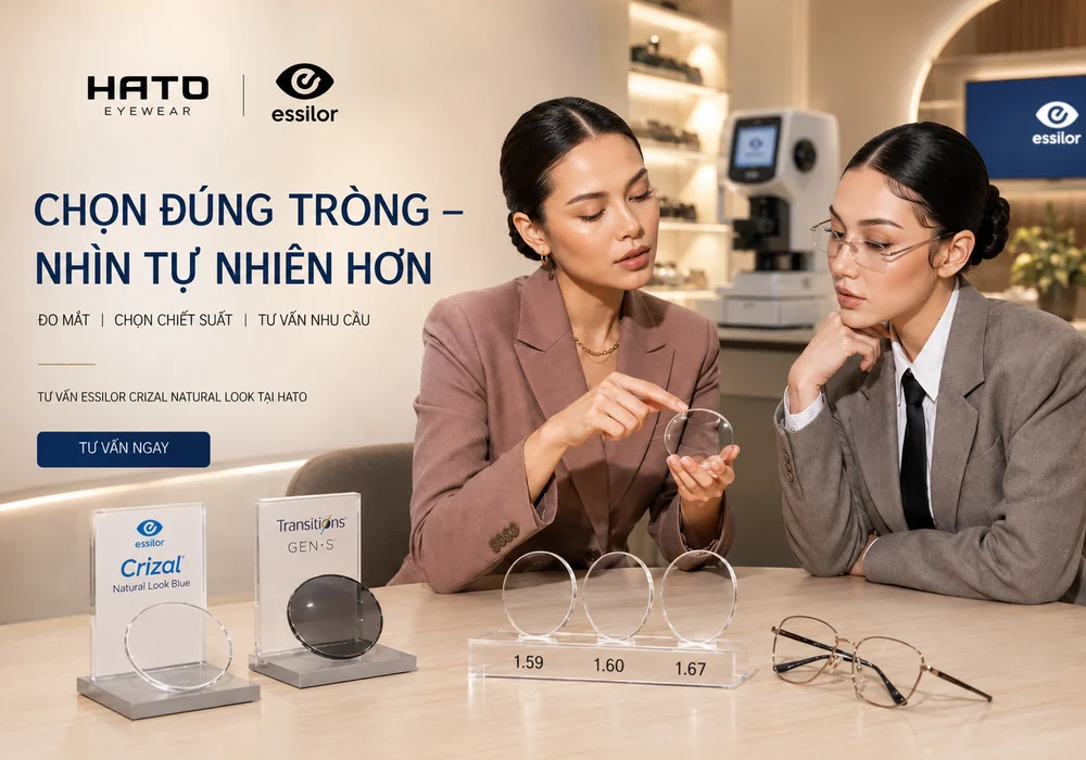 Chuyên viên Hato Eyewear tư vấn tròng kính Essilor Crizal Natural Look, Transitions GEN S và chiết suất 1.59, 1.60, 1.67 cho khách hàng.