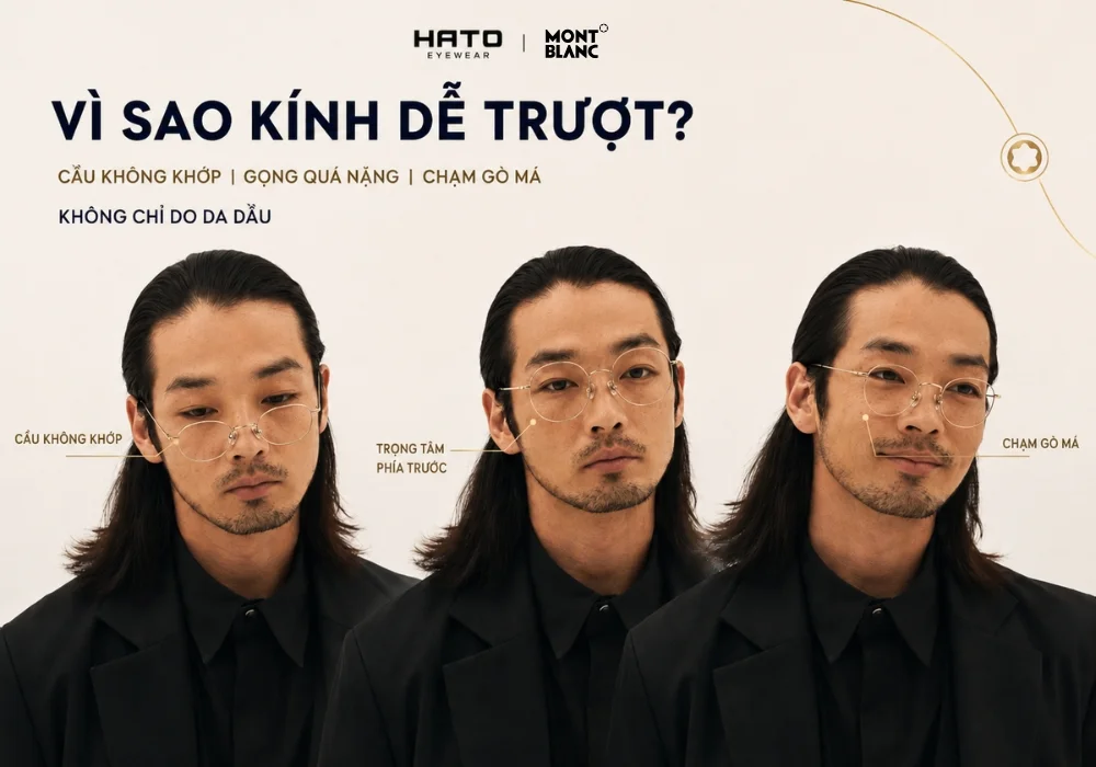 Vì sao kính dễ trượt do cầu kính không khớp, gọng quá nặng hoặc chạm gò má – infographic tư vấn kính Montblanc tại Hato Eyewear.