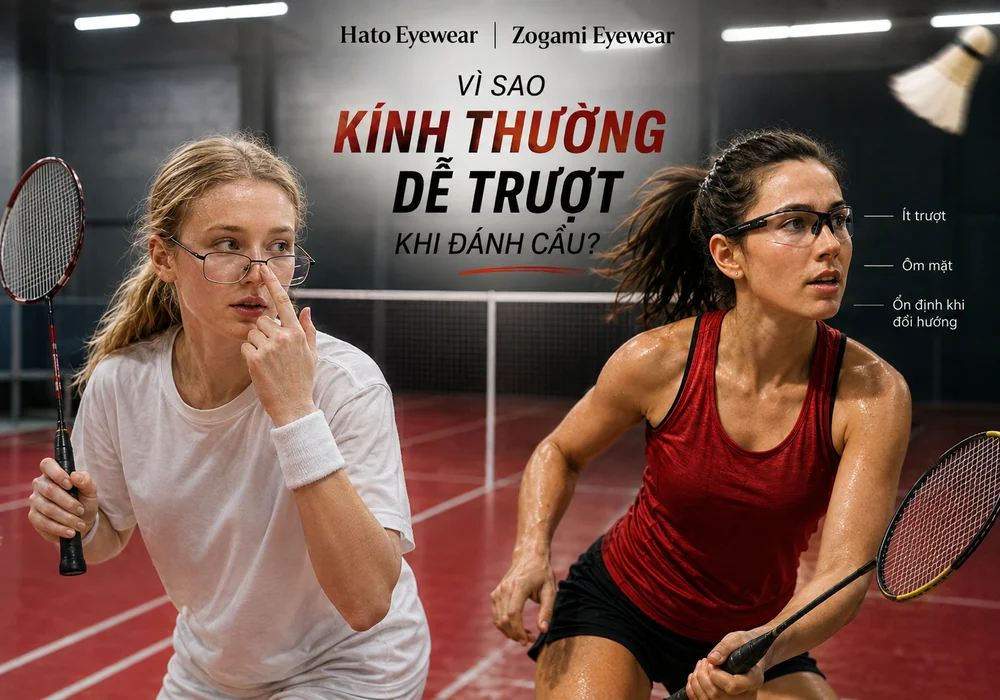 So sánh kính cận thông thường dễ trượt và kính thể thao Zogami ôm mặt, ổn định khi chơi cầu lông.