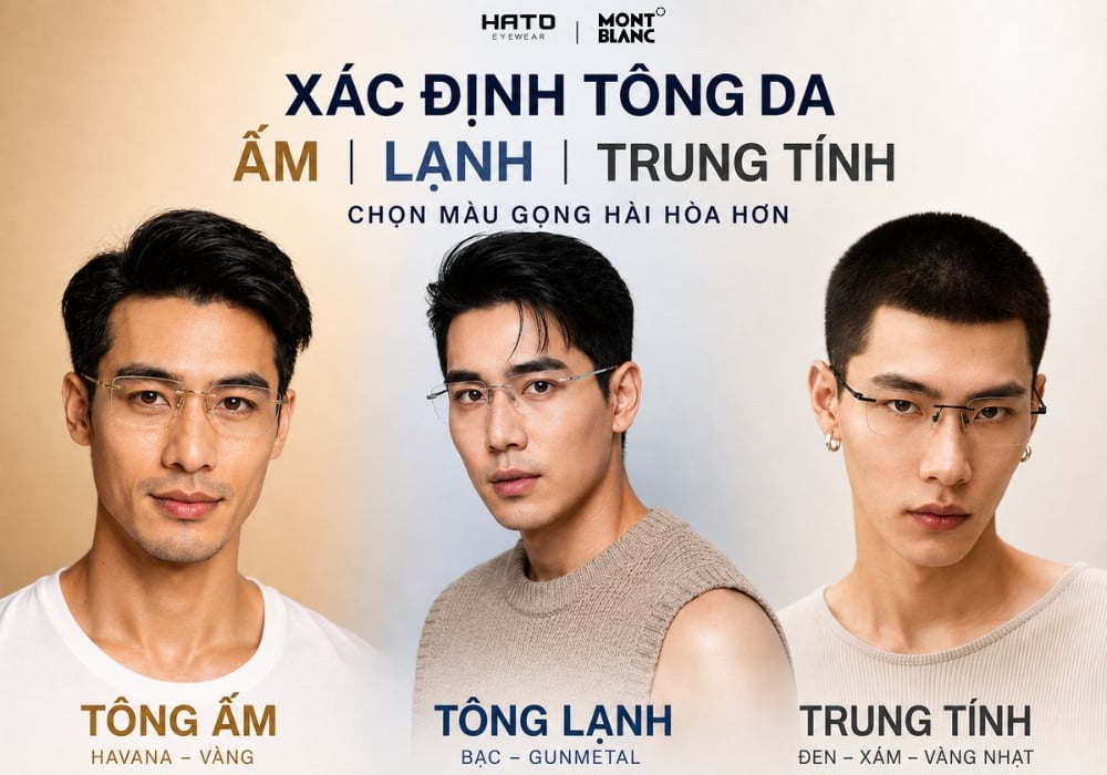 Infographic xác định tông da ấm, lạnh và trung tính, gợi ý chọn màu gọng kính Montblanc Havana, vàng, bạc, gunmetal, đen và xám.