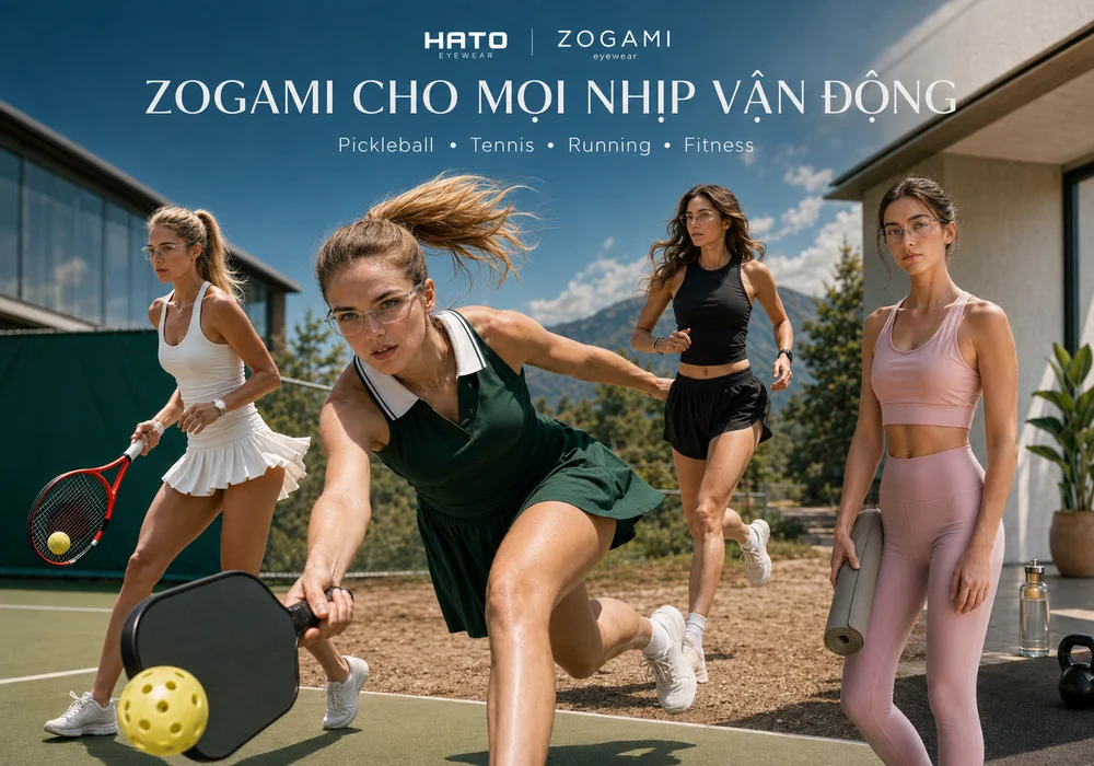 Gọng kính thể thao Zogami cho nhiều hoạt động vận động gồm pickleball, tennis, chạy bộ và fitness, thiết kế ôm chắc và phù hợp người cận.