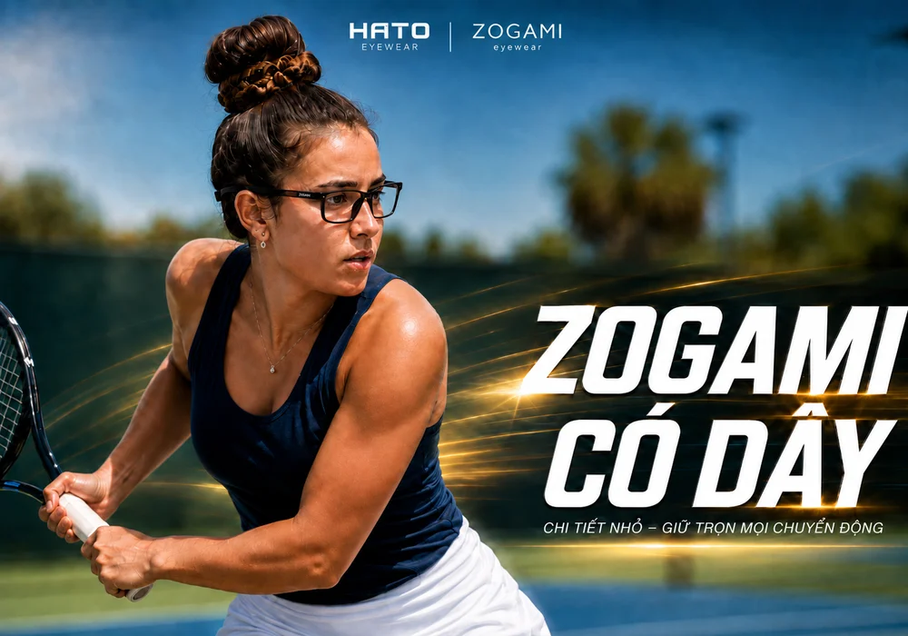 Gọng kính Zogami có dây thể thao cho người chơi tennis, thiết kế ôm chắc, tròng trong và dây giữ ổn định khi vận động mạnh tại Hato Eyewear.