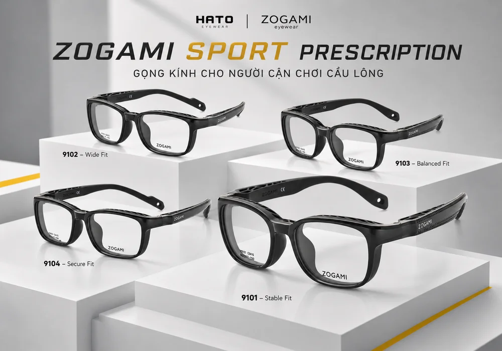 Catalogue Zogami Sport Prescription gồm 4 mẫu gọng kính thể thao Zogami 9101, 9102, 9103 và 9104 dành cho người cận chơi cầu lông, thiết kế ôm chắc và phong cách thể thao hiện đại.