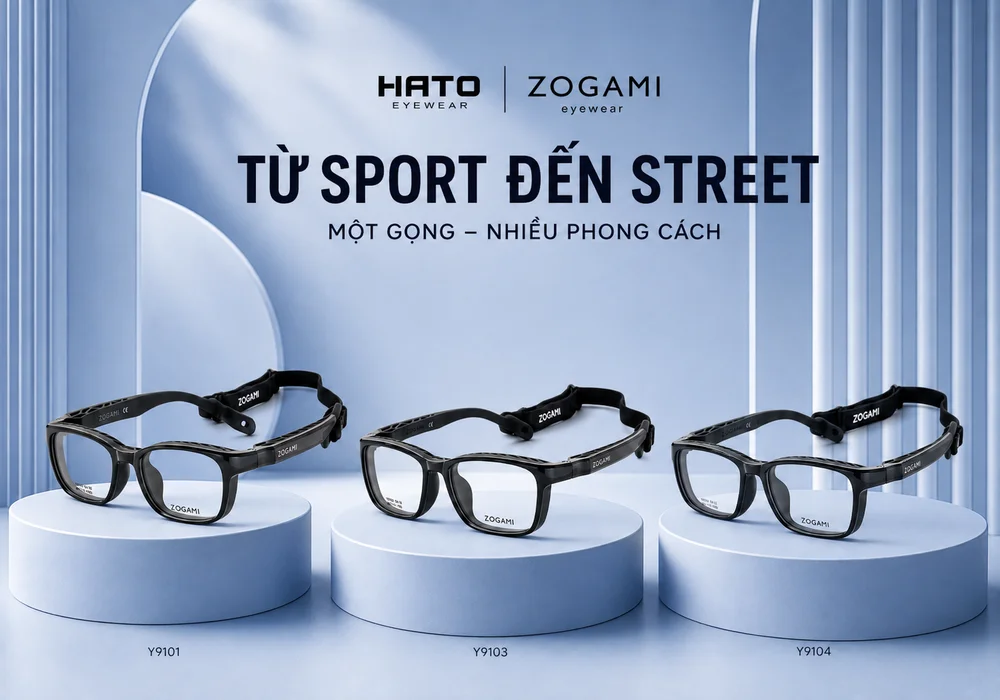 Gọng kính thể thao Zogami Y9101, Y9103 và Y9104 có dây đeo, thiết kế Sport to Street tại Hato Eyewear.