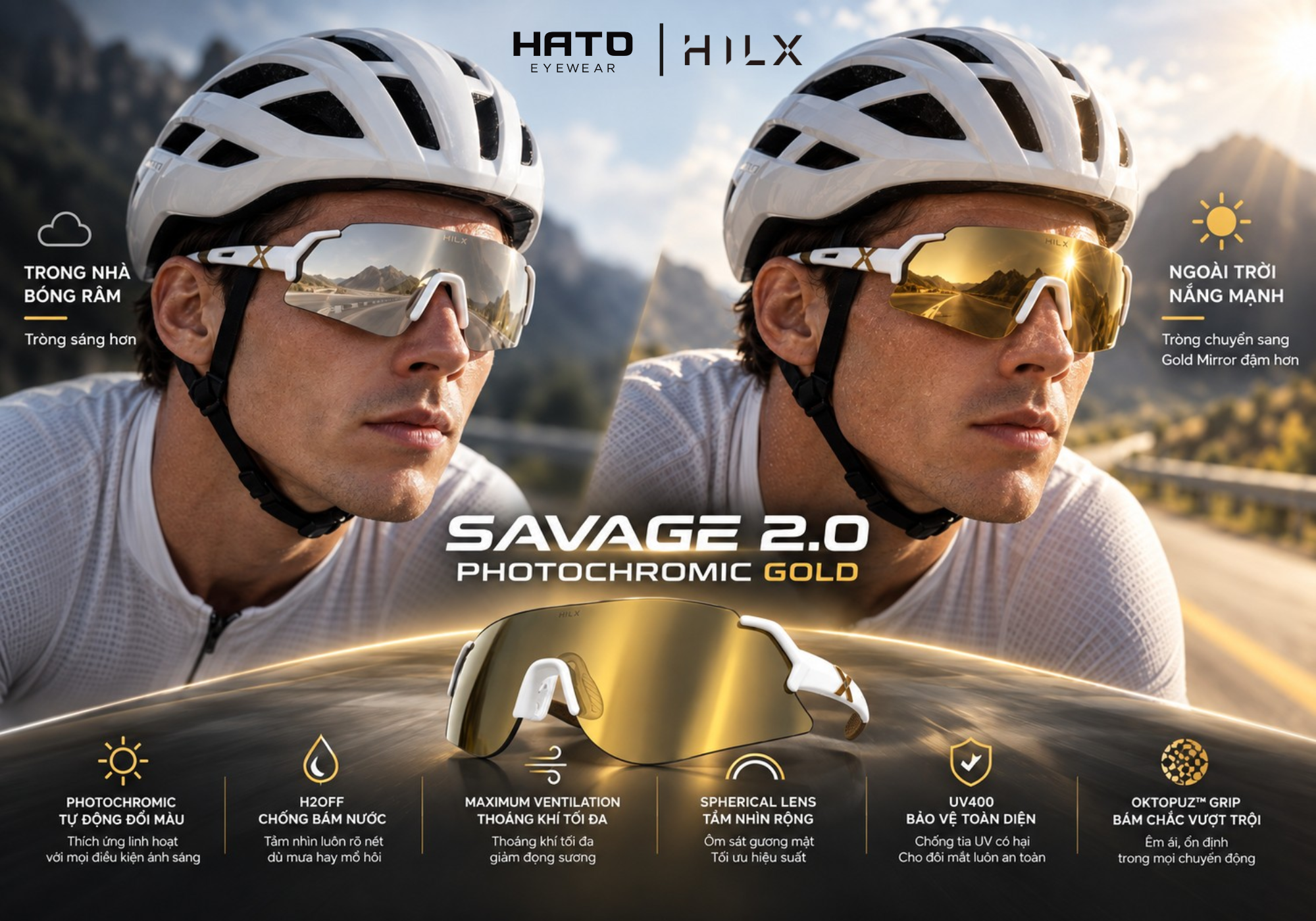 Kính thể thao HILX Savage 2.0 Photochromic Gold với Spherical Lens