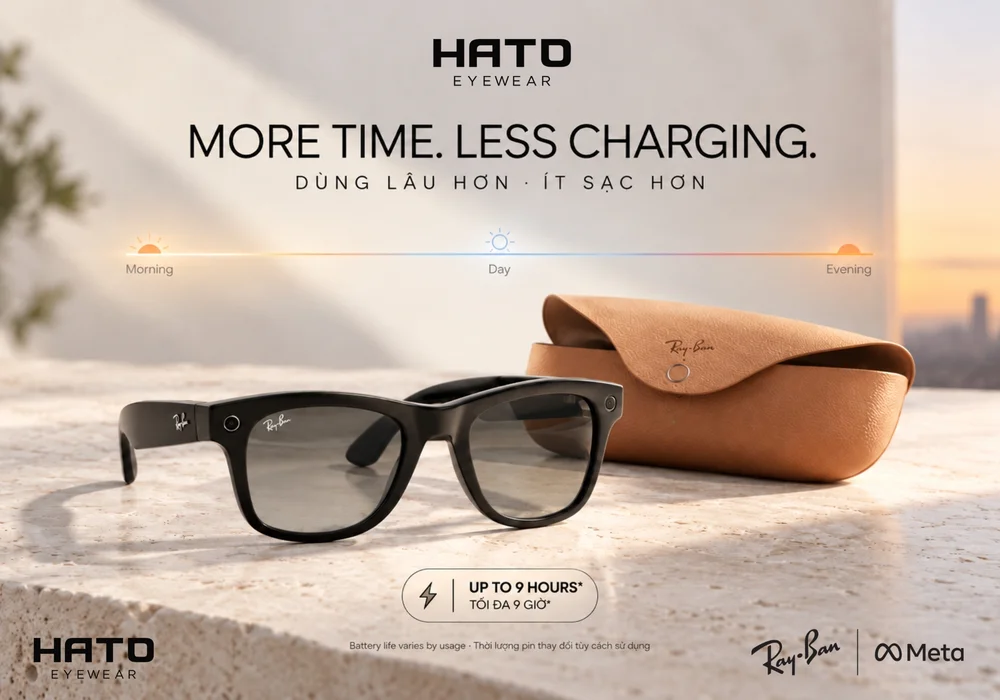 Pin và hộp sạc Ray-Ban Meta Gen 3 với thời lượng sử dụng tối đa khoảng 9 giờ