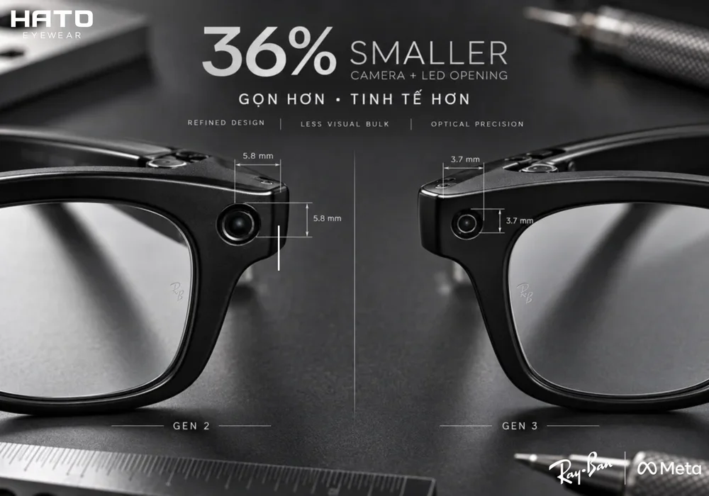 Thiết kế Ray-Ban Meta Gen 3 vs Gen 2 với camera và LED nhỏ hơn