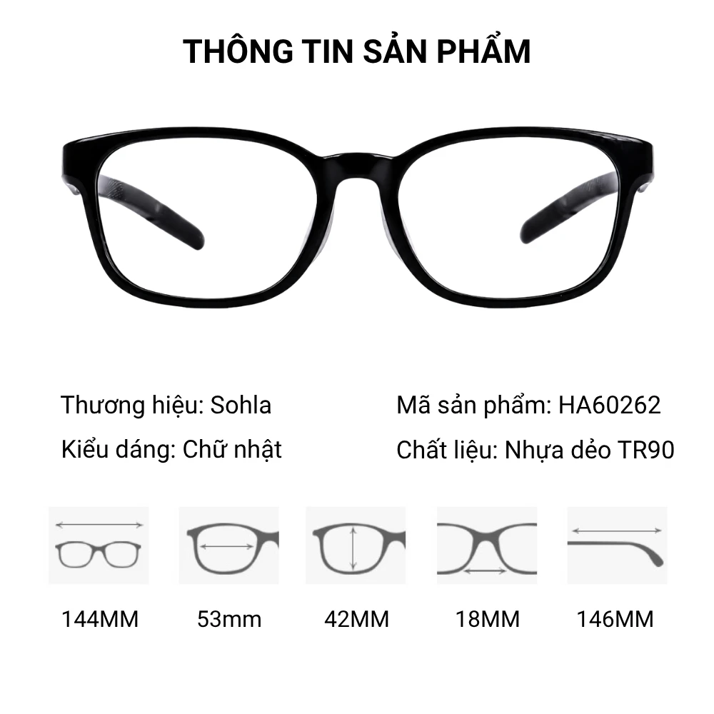 Gọng kính cận thể thao Sohla HA60262 dáng chữ nhật, chất liệu TR90, tích hợp khóa Lock chống trượt và đệm mũi silicon.