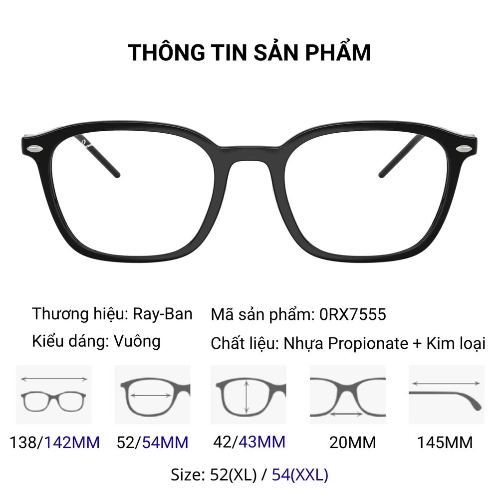 Gọng Kính Ray-Ban 0RX7555 – Tem Chính Hãng Luxottica